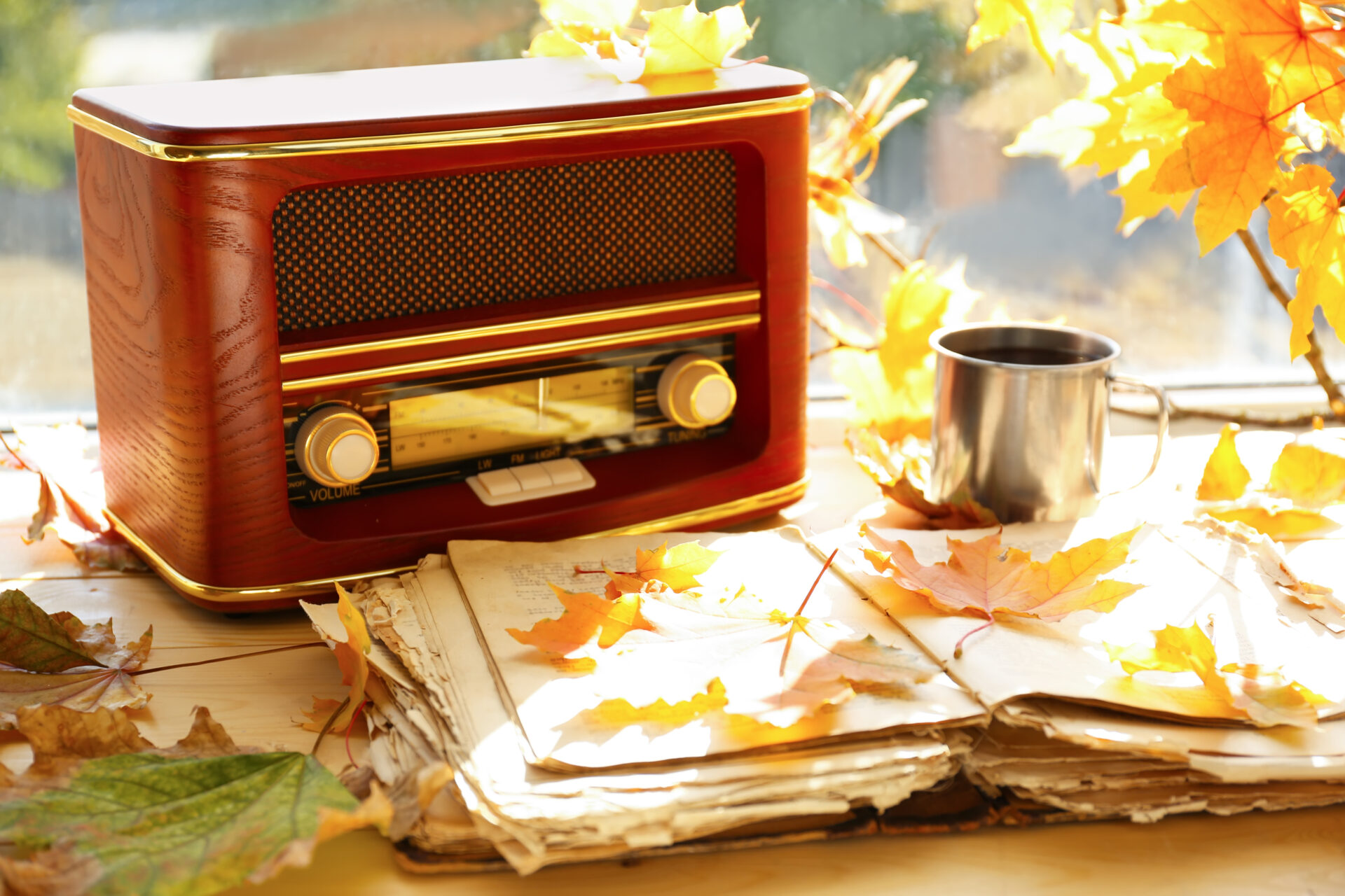 窓辺に置かれた古いラジオと本、カップと紅葉