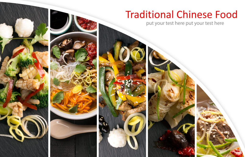 伝統的中華料理と書かれた文字といくつかの中華料理