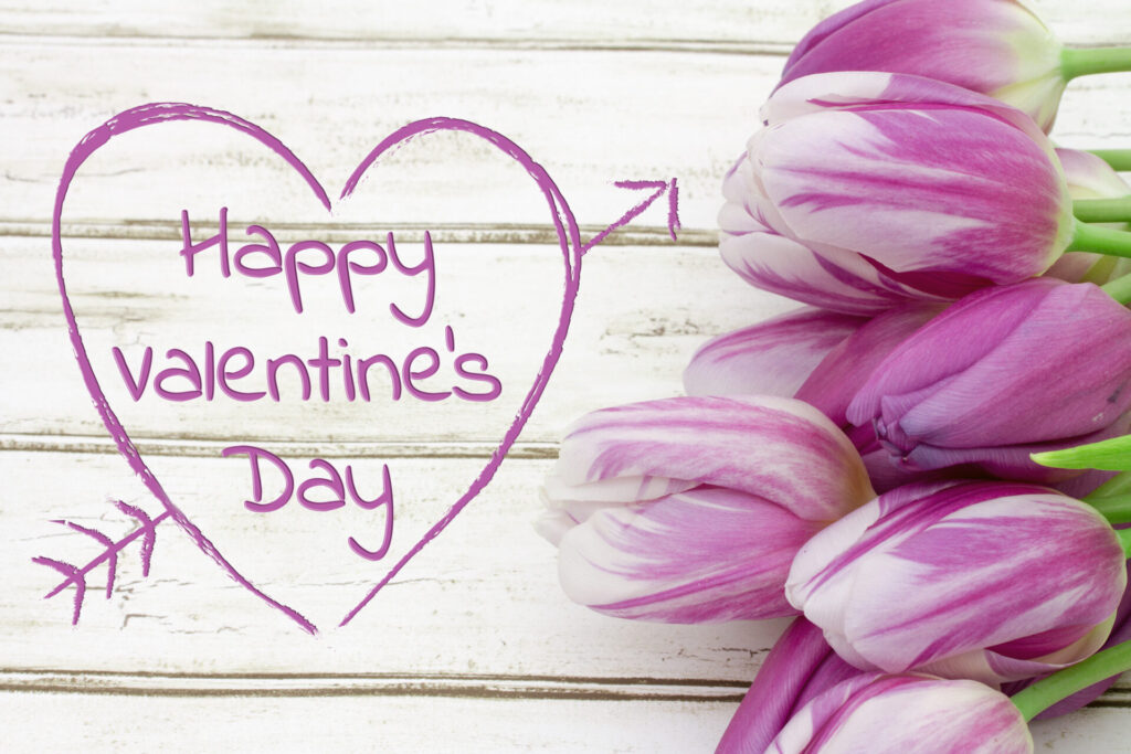 ハッピーバレンタインの文字と紫の花束