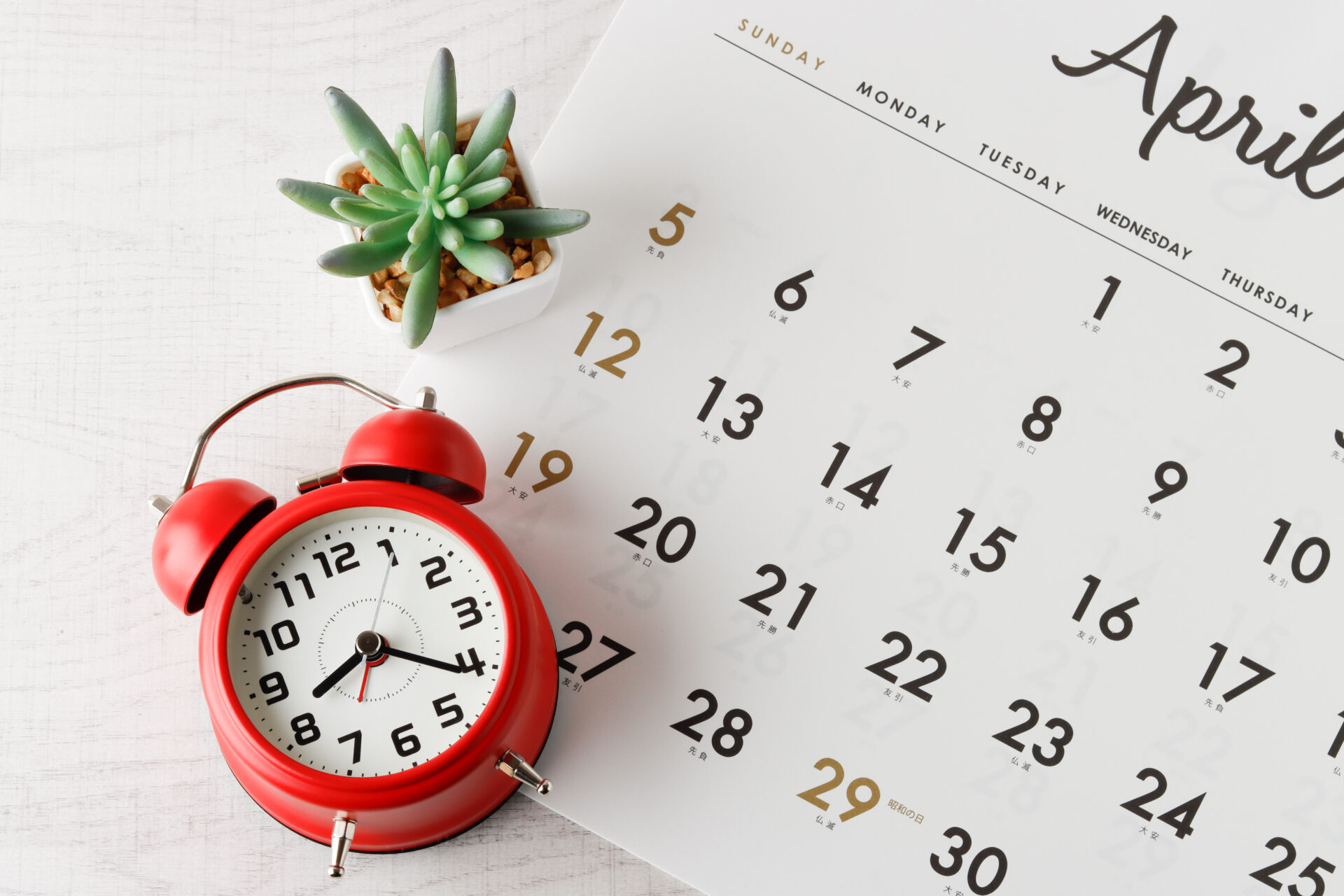 カレンダーと赤い時計とミニサボテン