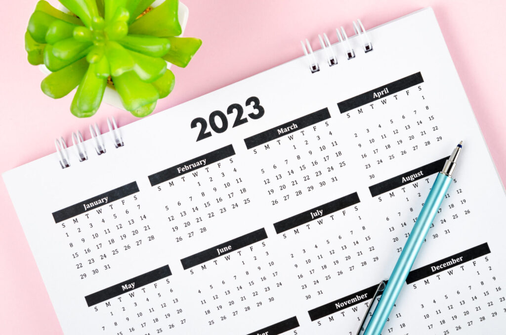 2023年のカレンダーとペンと植物