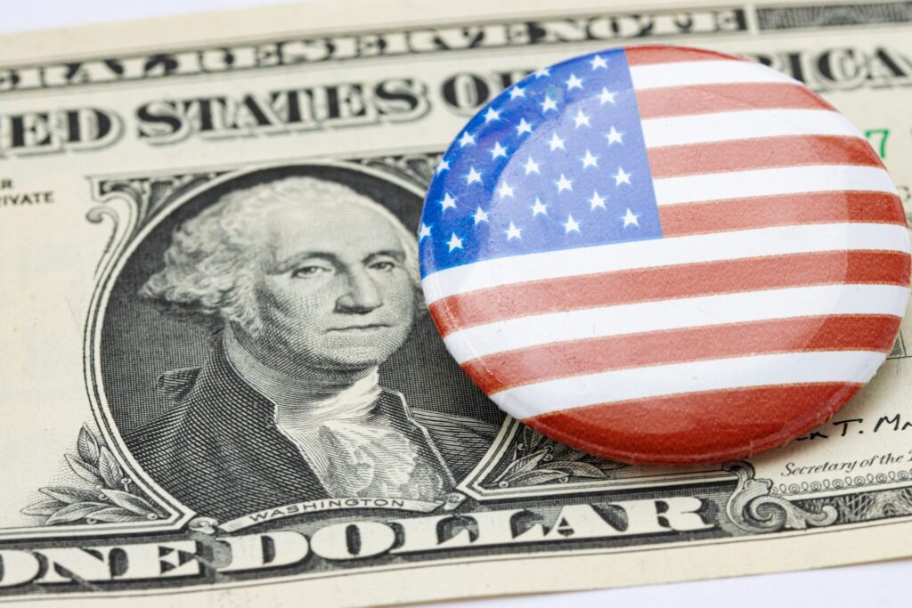 ドル札とアメリカ国旗のピンバッチ